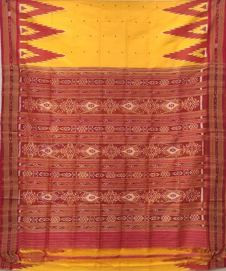 Yellow red handwoven temple border mini buti silk khandua saree