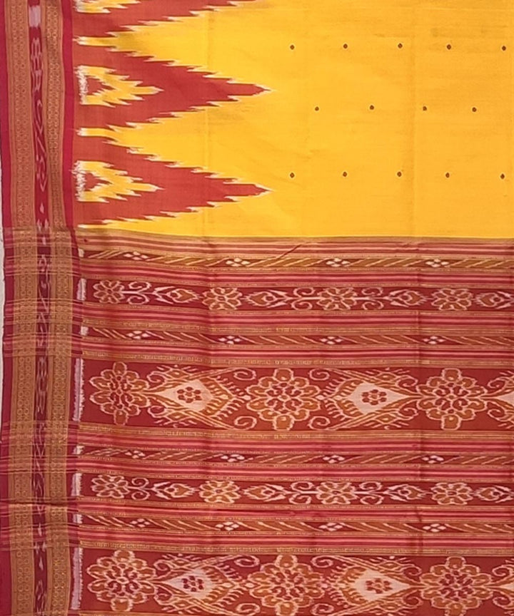 Yellow red handwoven temple border mini buti silk khandua saree