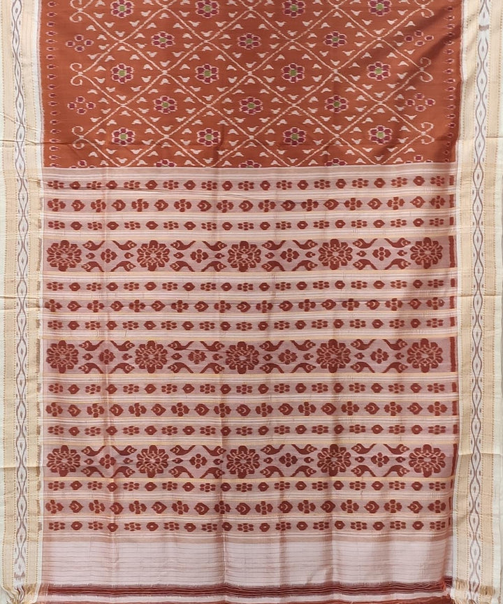 Brown white handwoven bandha body silk khandua saree