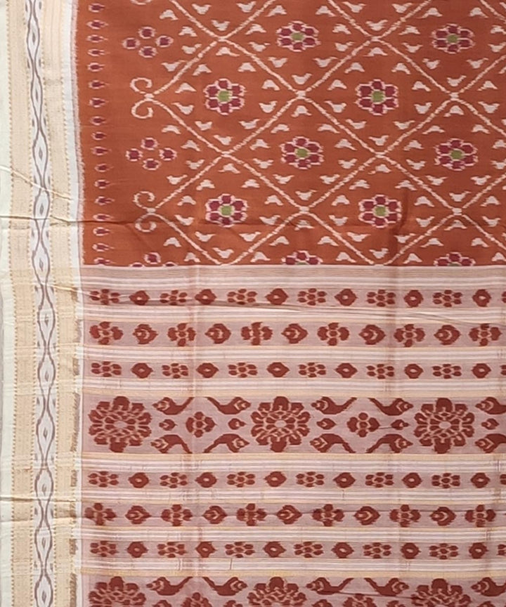 Brown white handwoven bandha body silk khandua saree