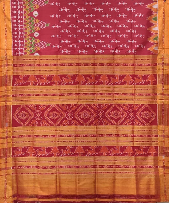Red orange handwoven tribal bandha body silk khandua saree