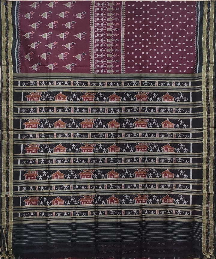 Burgundy black handwoven kumbha border bandha body silk khandua saree
