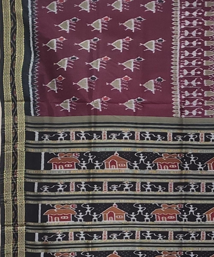 Burgundy black handwoven kumbha border bandha body silk khandua saree