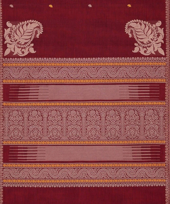 Dark red handloom kanchi cotton mubbhagam saree with butties
