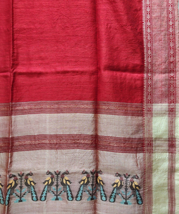 Red handwoven matka and tussar silk saree