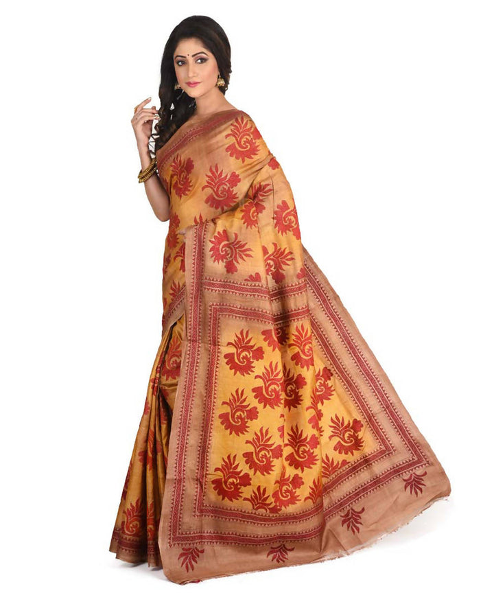 Yellow exclusive bengal tasar saree with hand embroidery work