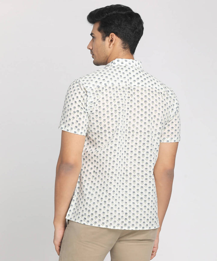Handloom white cotton half sleeves printed shirt