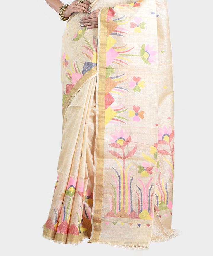 Beige handwoven jamdani tussar silk saree