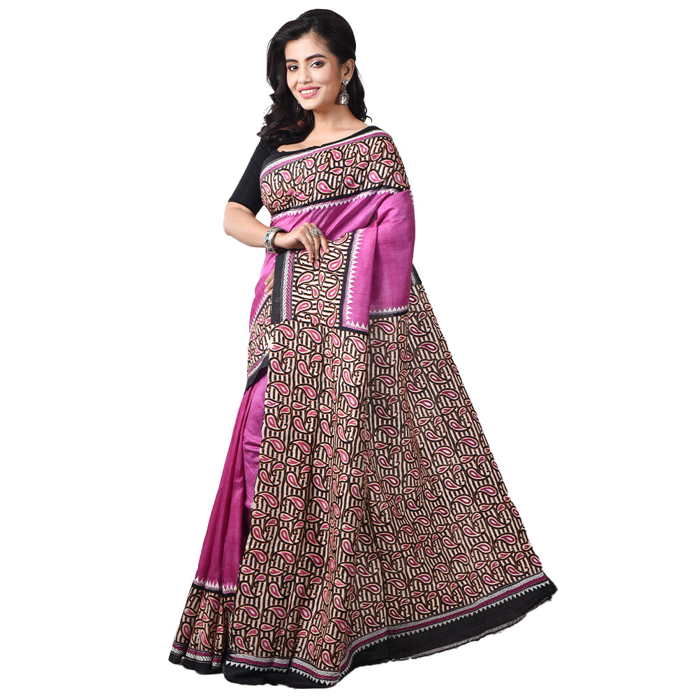 Mauve pink bengal silk hand embroidery kantha stitch saree
