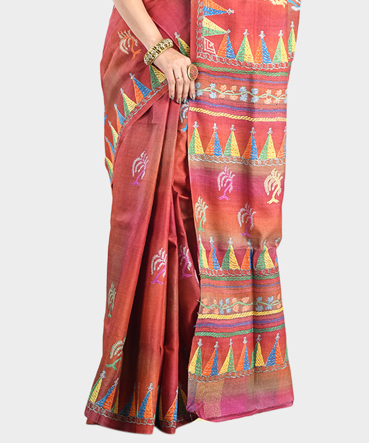 Maroon hand embroidery kantha stitch tussar silk saree