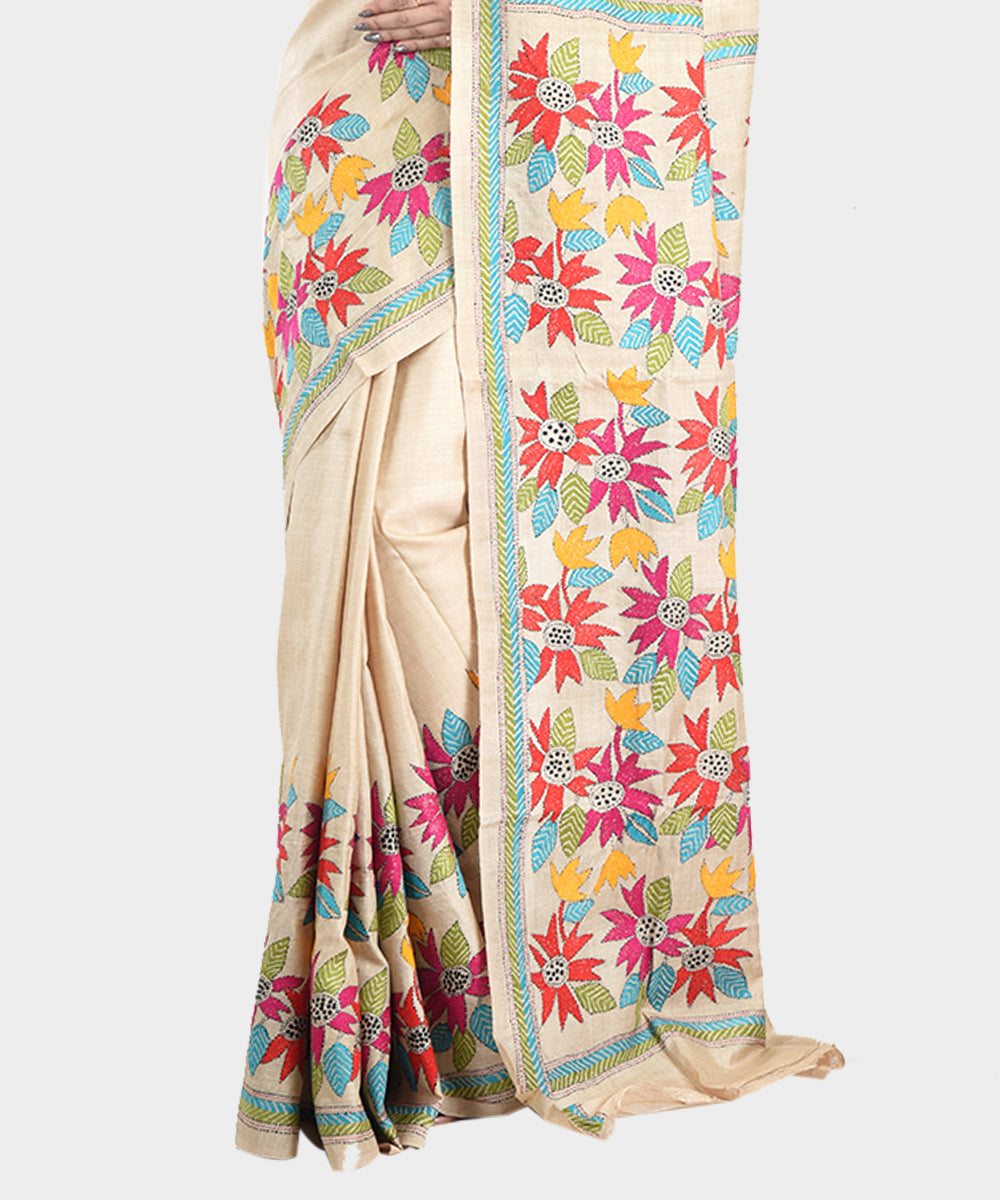 Beige multicolor hand embroidery kantha stitch tussar silk saree