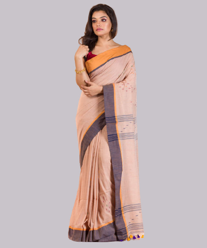 Peach black orange handwoven bengal cotton jamdani saree