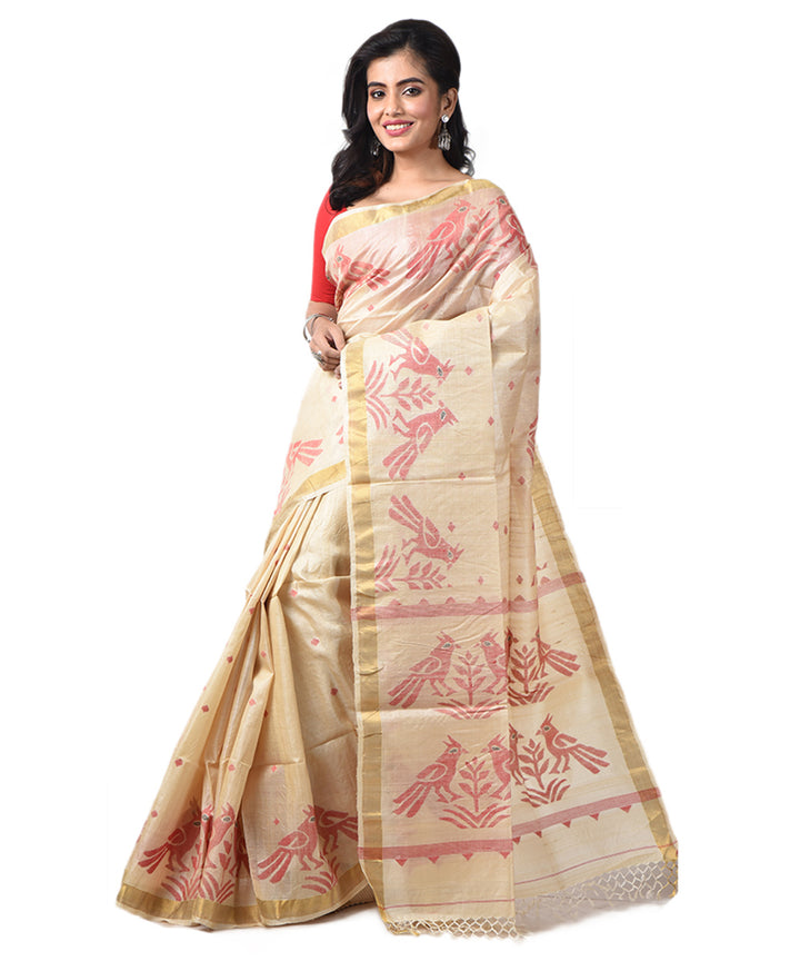 Beige red handwoven tussar silk bengal jamdani saree