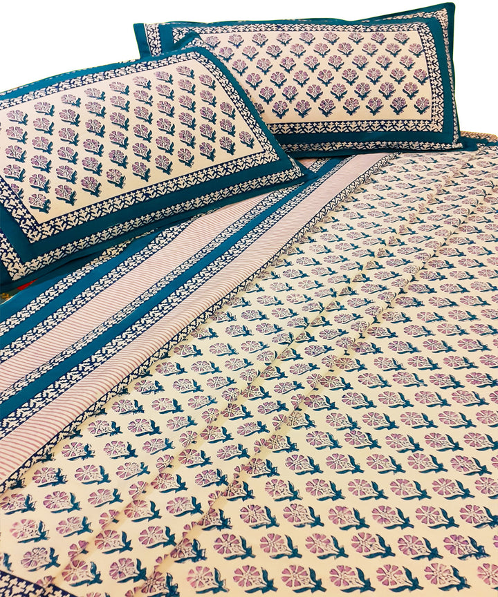 Blue floral hand-block print cotton bed sheet with pillow covers