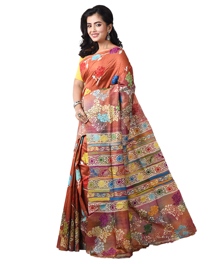 Brown bengal tussar silk hand embroidery kantha stitch saree