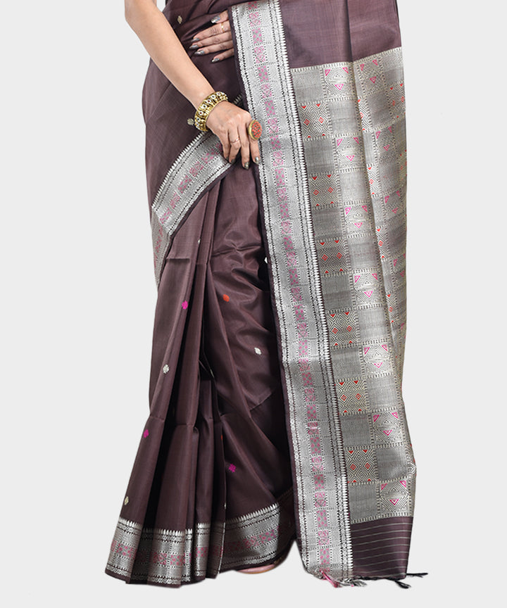 Brown silver handwoven silk saree