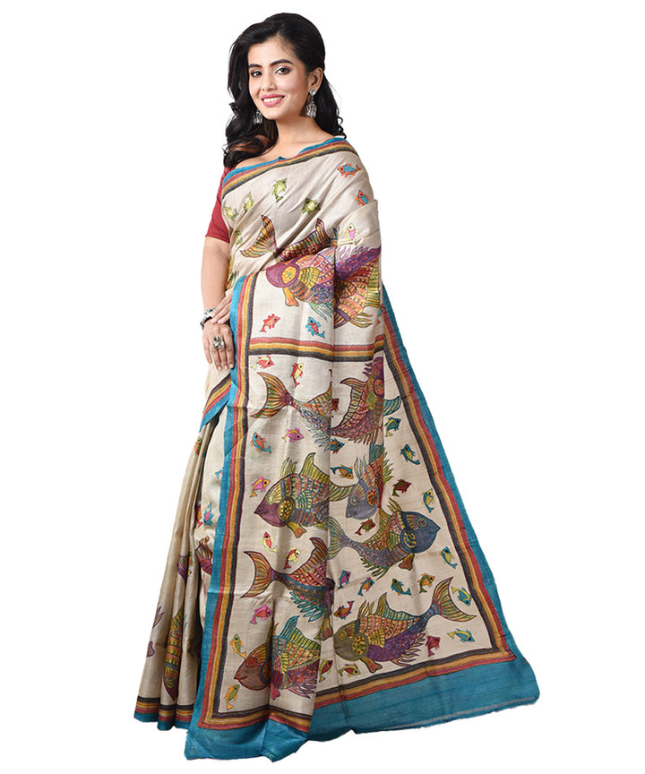 Bengal tussar silk beige hand embroidery kantha stitch saree