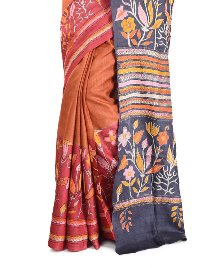 Mustard red tussar silk hand embroidery saree