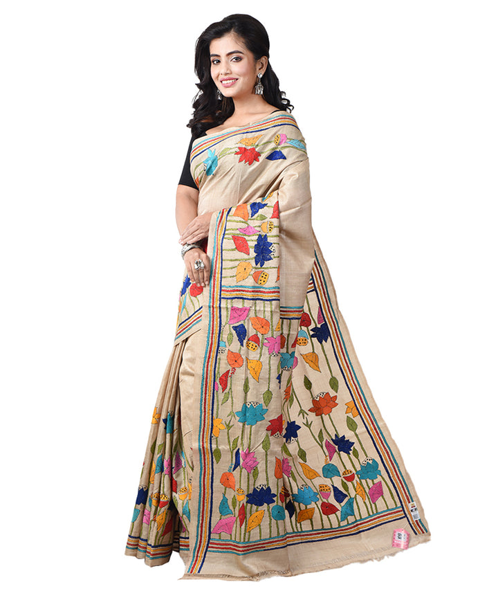 Beige tussar silk bengal hand embroidery kantha stitch saree
