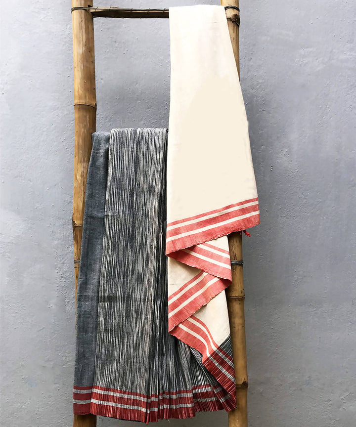 Grey white red handspun handwoven dip dye cotton saree