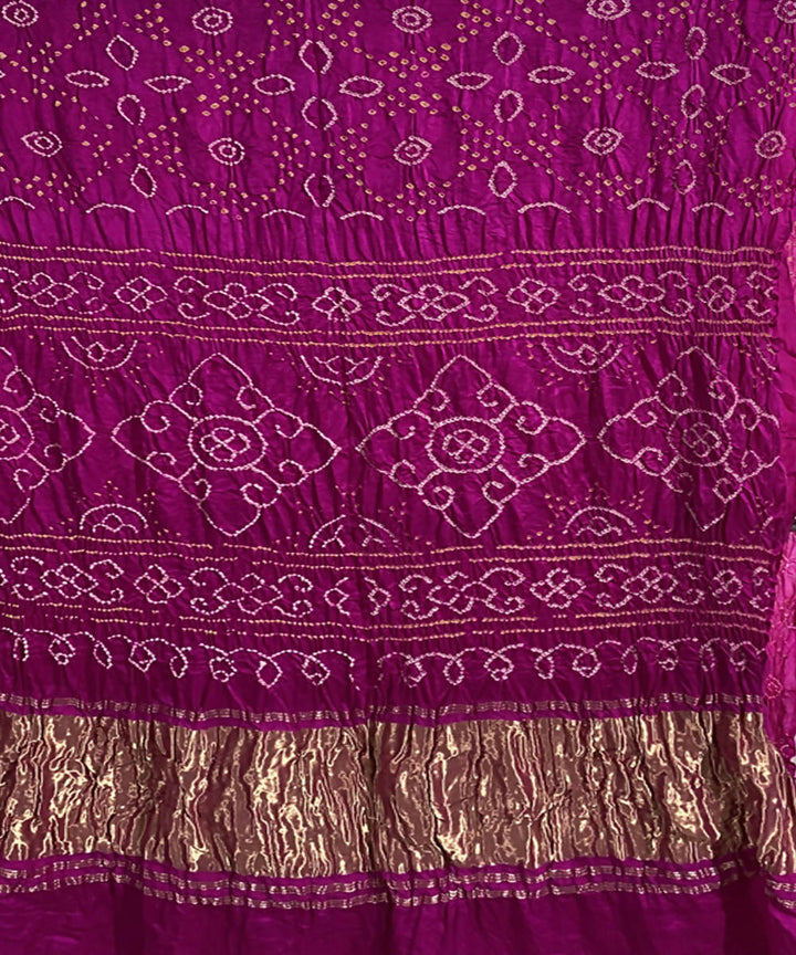 Hand printed pink bandhani gajji silk saree