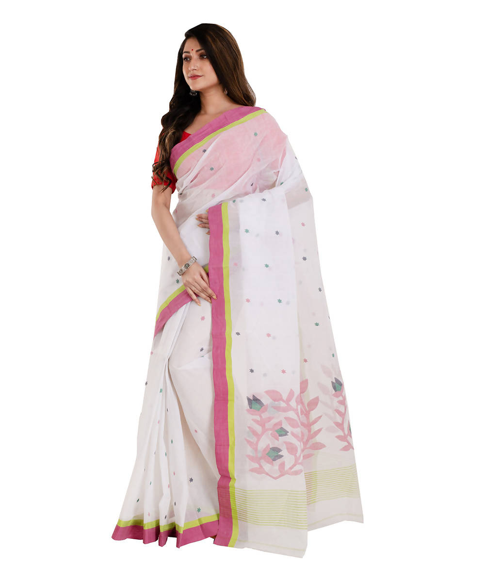 White olive handwoven cotton bengal saree