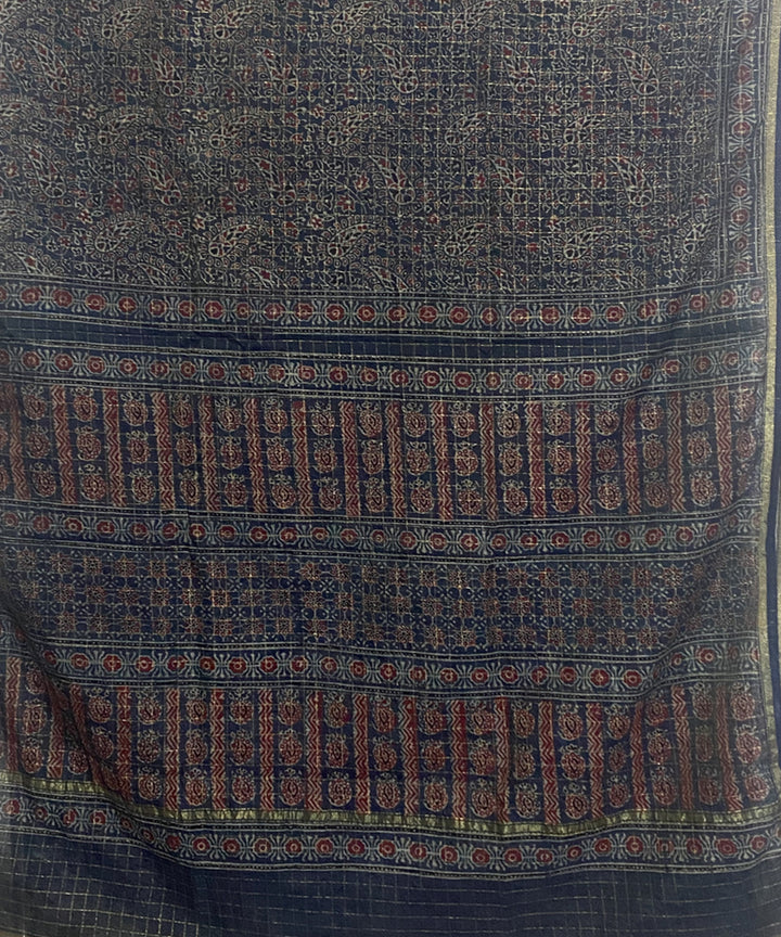 Navy blue hand block print chanderi cotton silk ajrakh saree