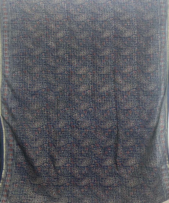 Navy blue hand block print chanderi cotton silk ajrakh saree