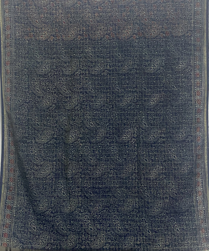 Navy blue hand block print chanderi cotton silk ajrakh saree