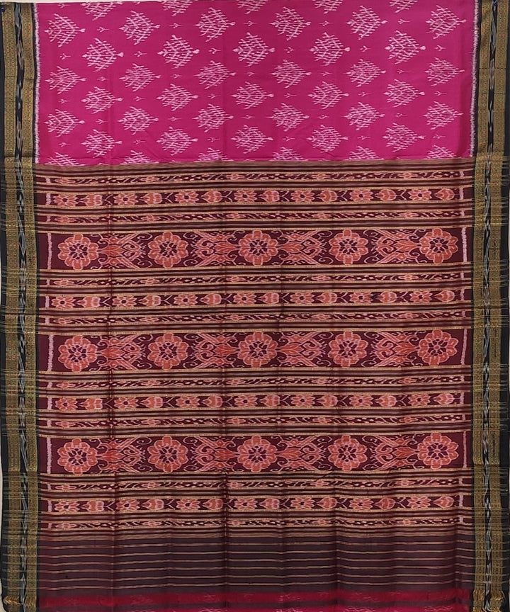 Pink black handwoven bandha body silk khandua saree