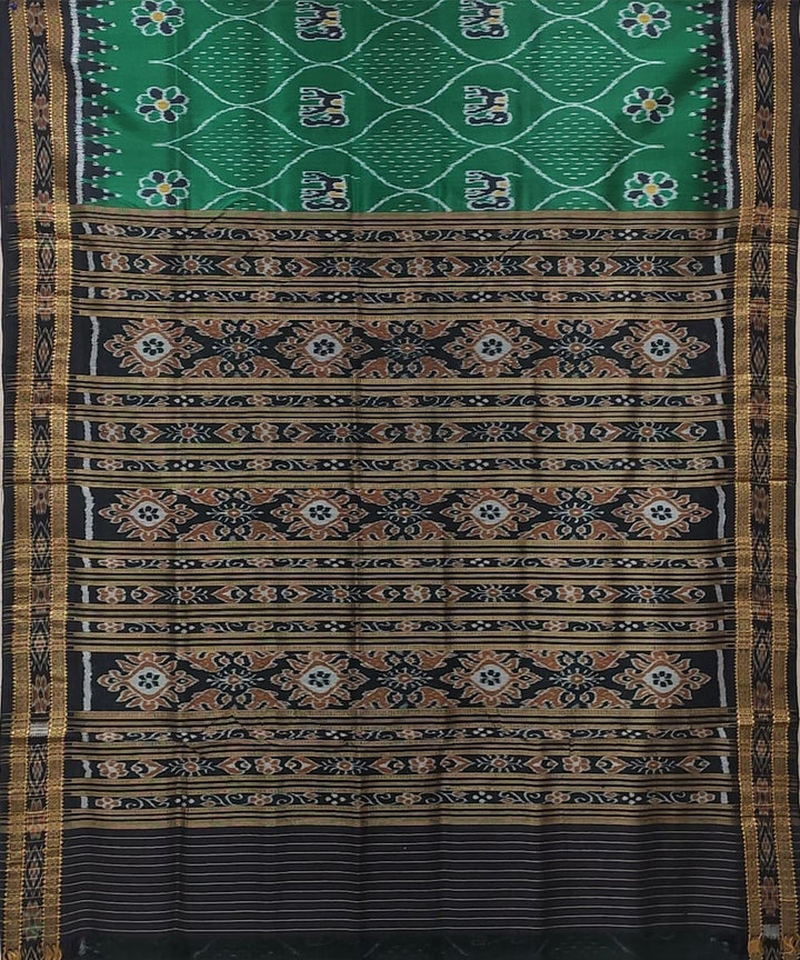 Dark green black handwoven elephant bandha motif silk khandua saree