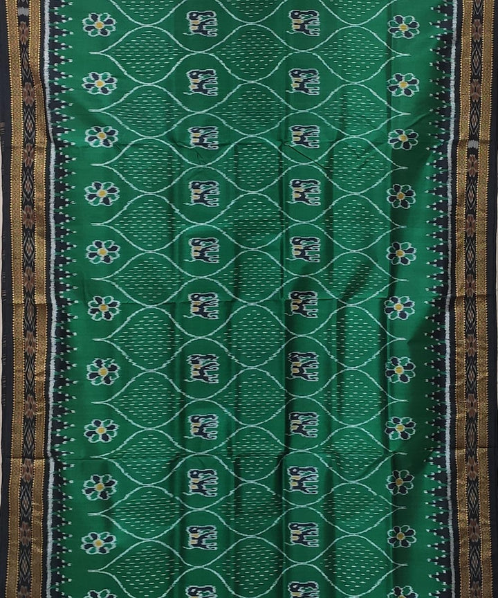 Dark green black handwoven elephant bandha motif silk khandua saree