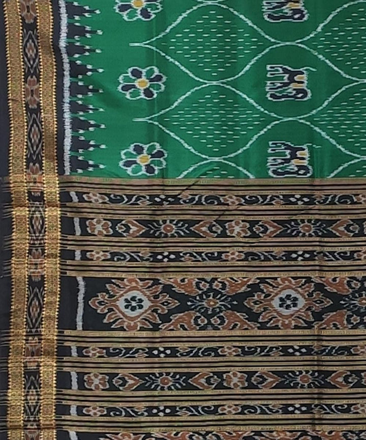 Dark green black handwoven elephant bandha motif silk khandua saree