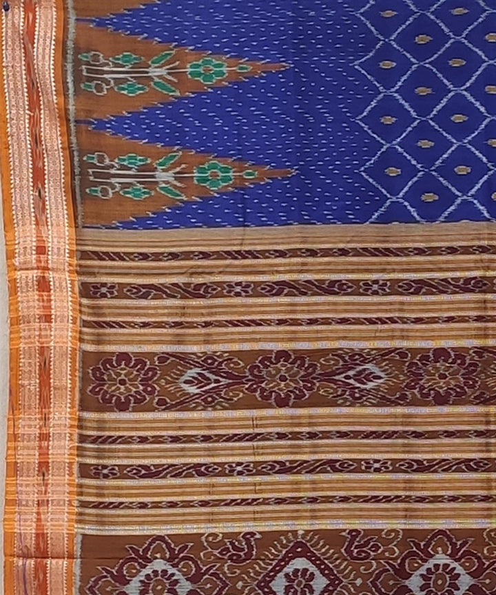 Indigo brown handwoven temple border bandha body silk khandua saree