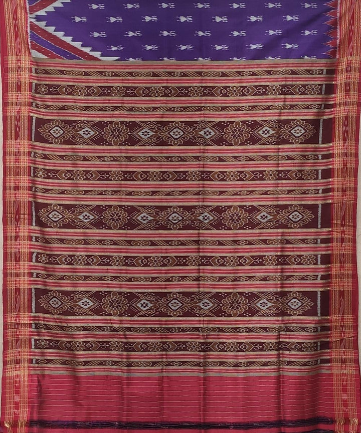 Purple red handwoven temple border bandha body silk khandua saree