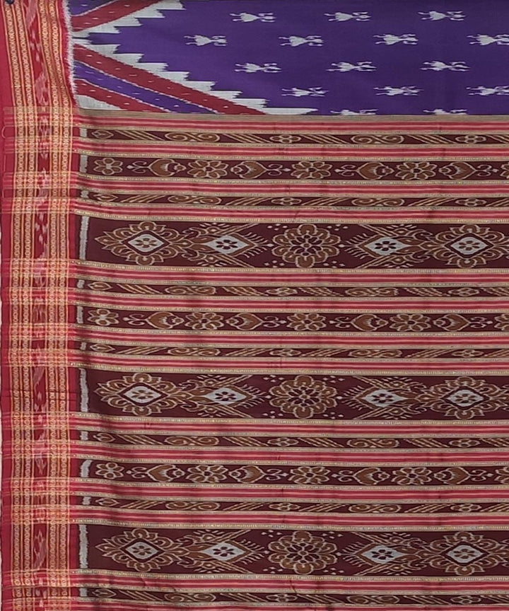 Purple red handwoven temple border bandha body silk khandua saree