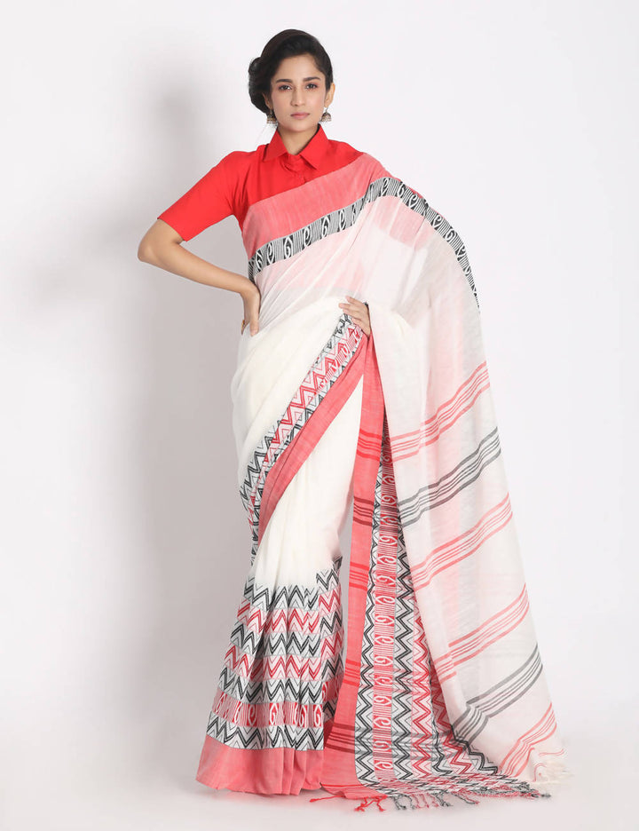 White red begampuri handspun handwoven cotton saree