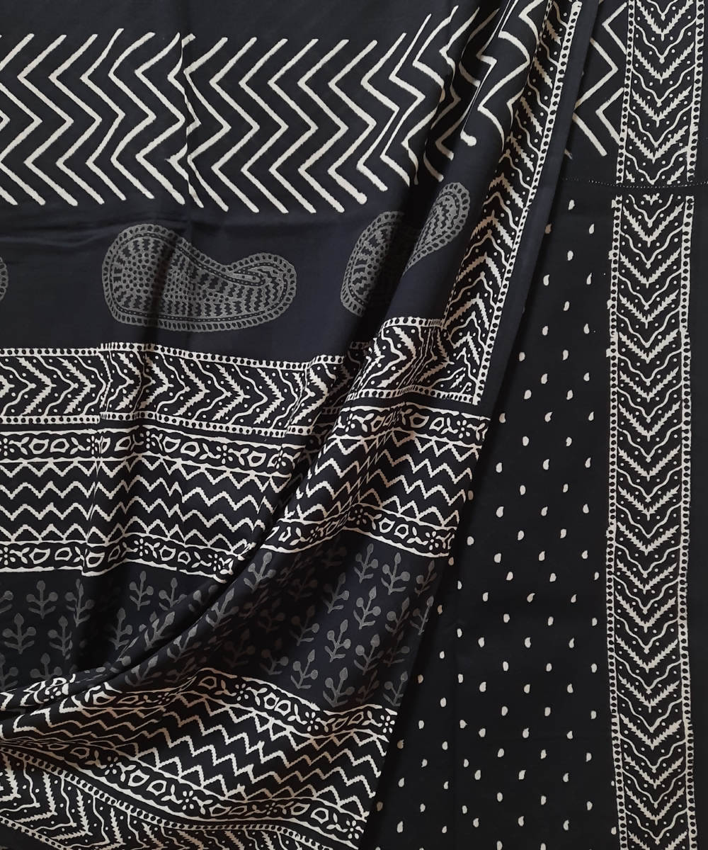 Black hand block printed paisley motif mul cotton saree