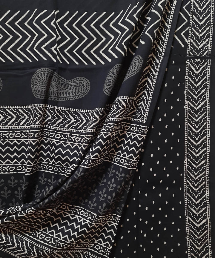 Black hand block printed paisley motif mul cotton saree
