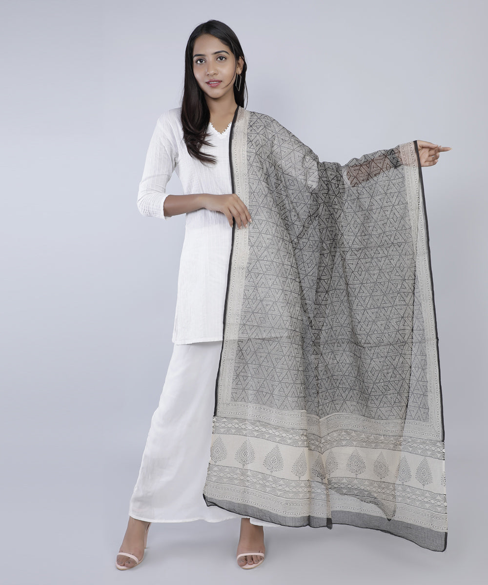 Black - Kota Doria Silk Cotton Kashida Embroidery Dupatta 33