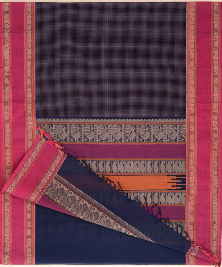 Navy blue pink hand woven kanchi cotton saree