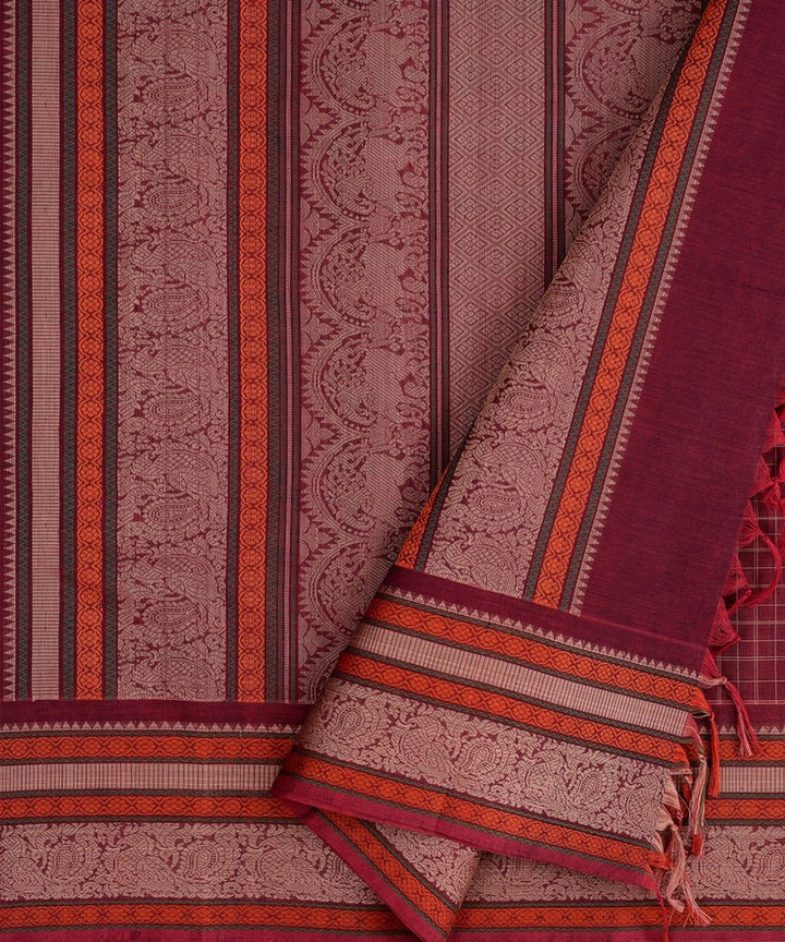 Maroon beige handwoven kanchi cotton saree