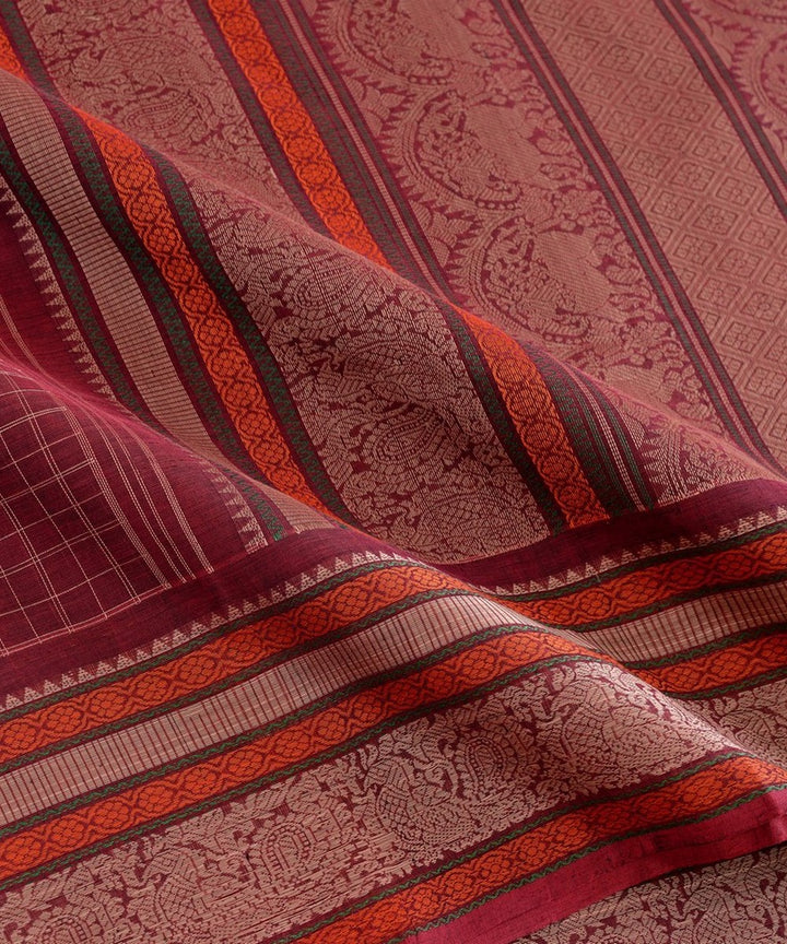 Maroon beige handwoven kanchi cotton saree