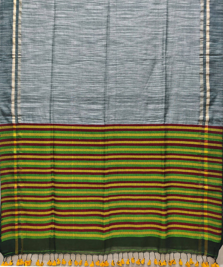 White dark green handloom handspun cotton saree