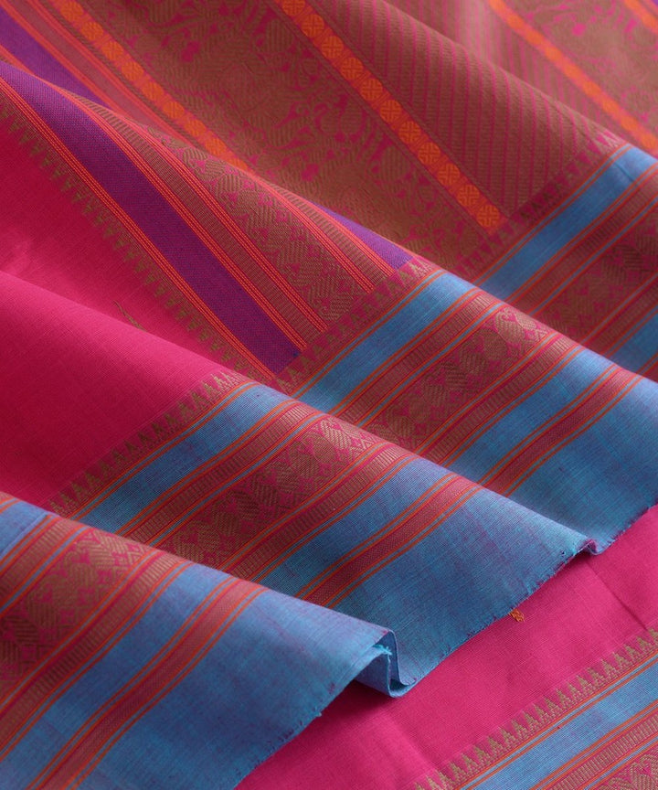 Pink handwoven ganga jamuna border kanchi cotton saree