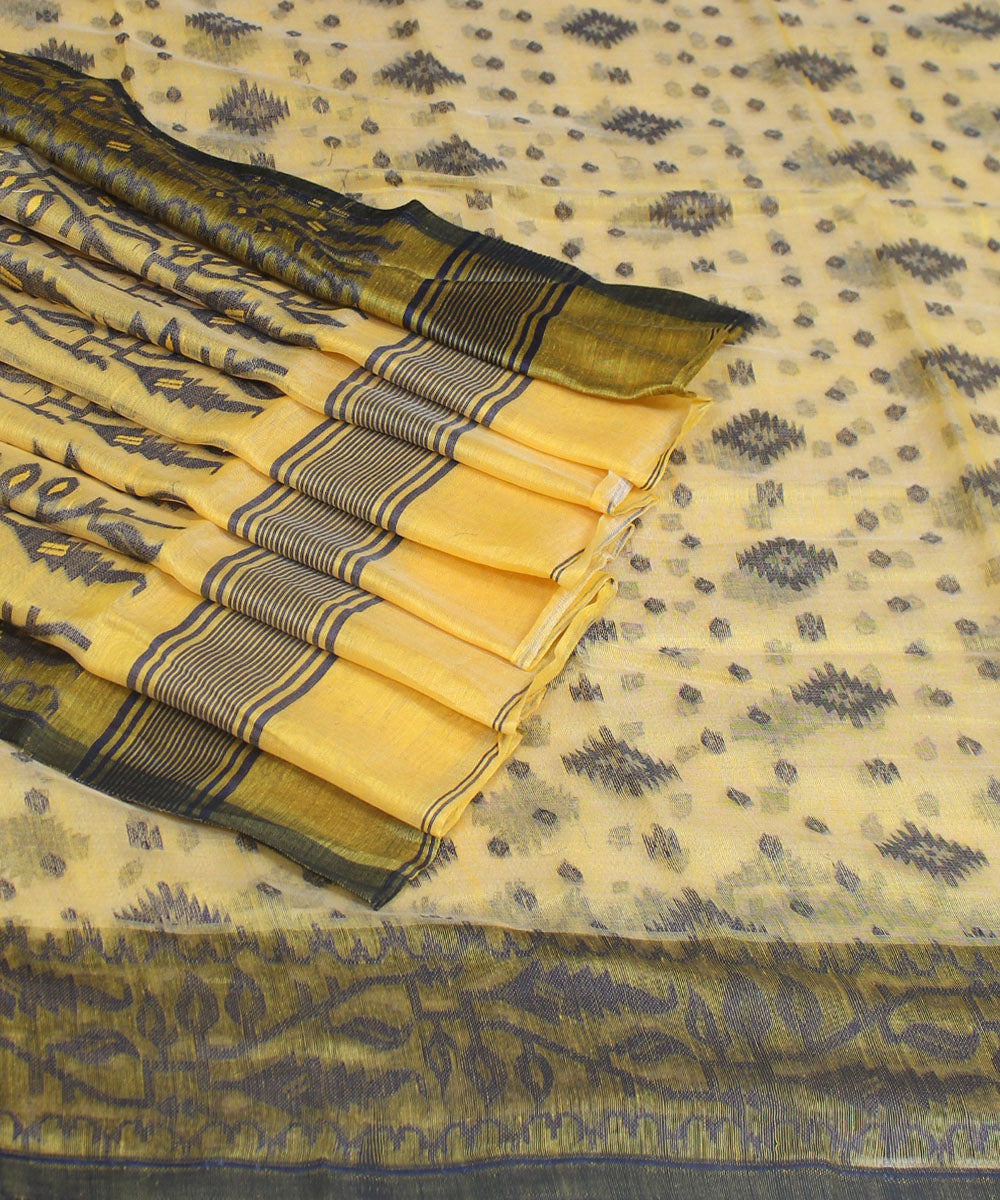 Bengal yellow black Handwoven cotton blend saree