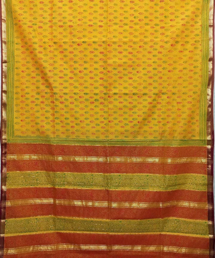 Deep lemon yellow handwoven cotton silk maheshwari saree