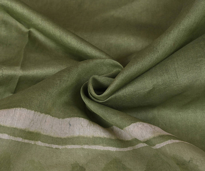 Green cotton silk hand block printed saree with matching blouse