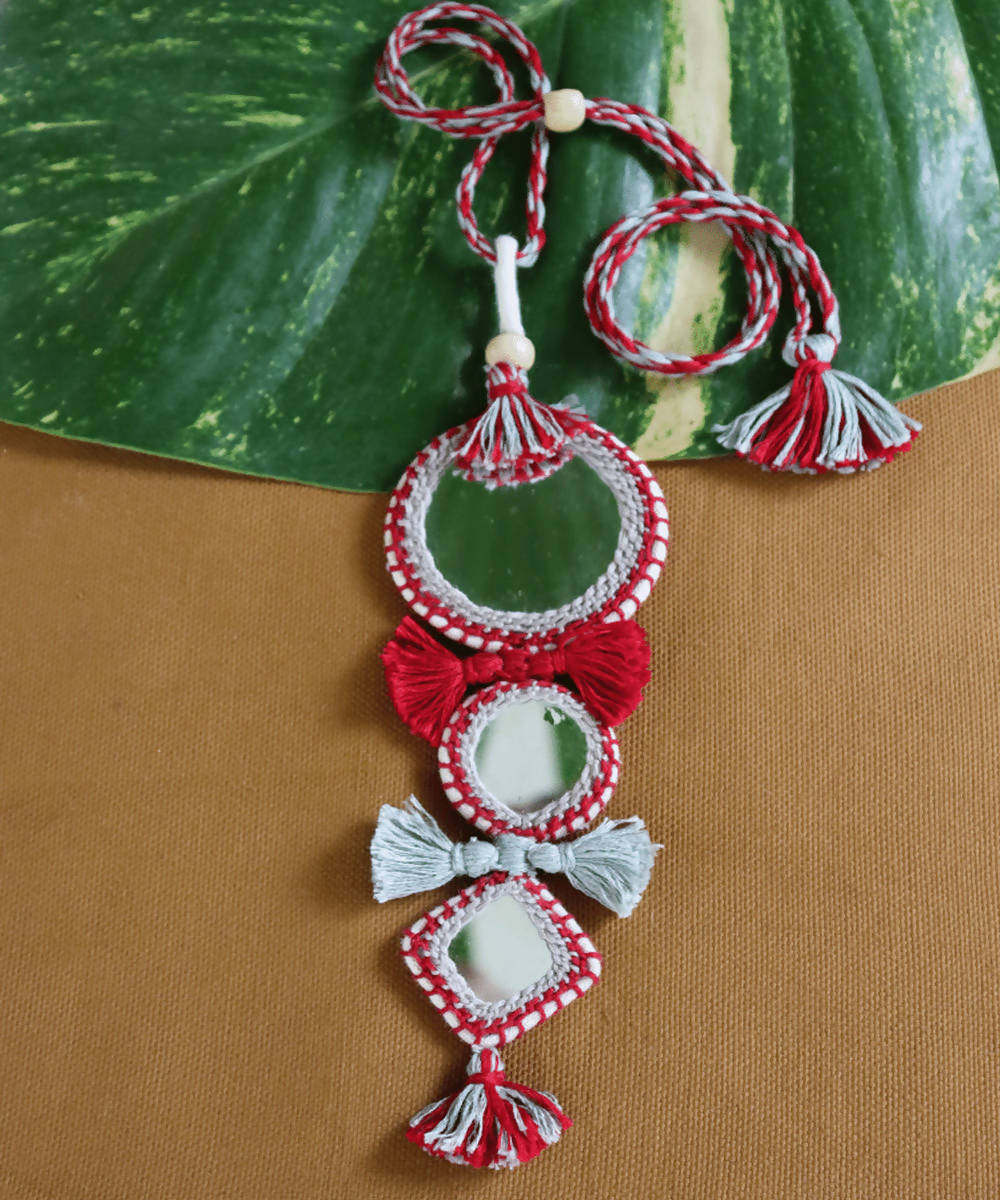 Maroon and grey handmade cotton and mirror necklace