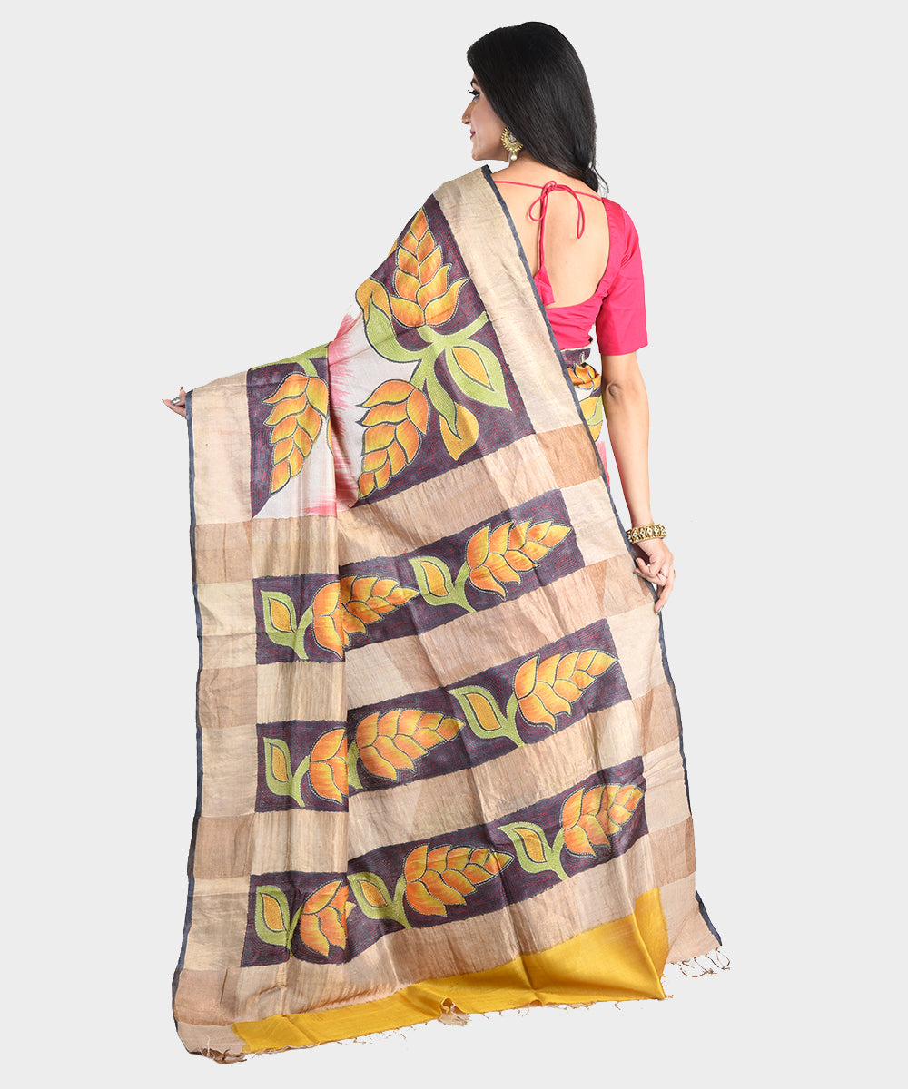 Multicolor hand embroidery kantha stitch tussar silk saree